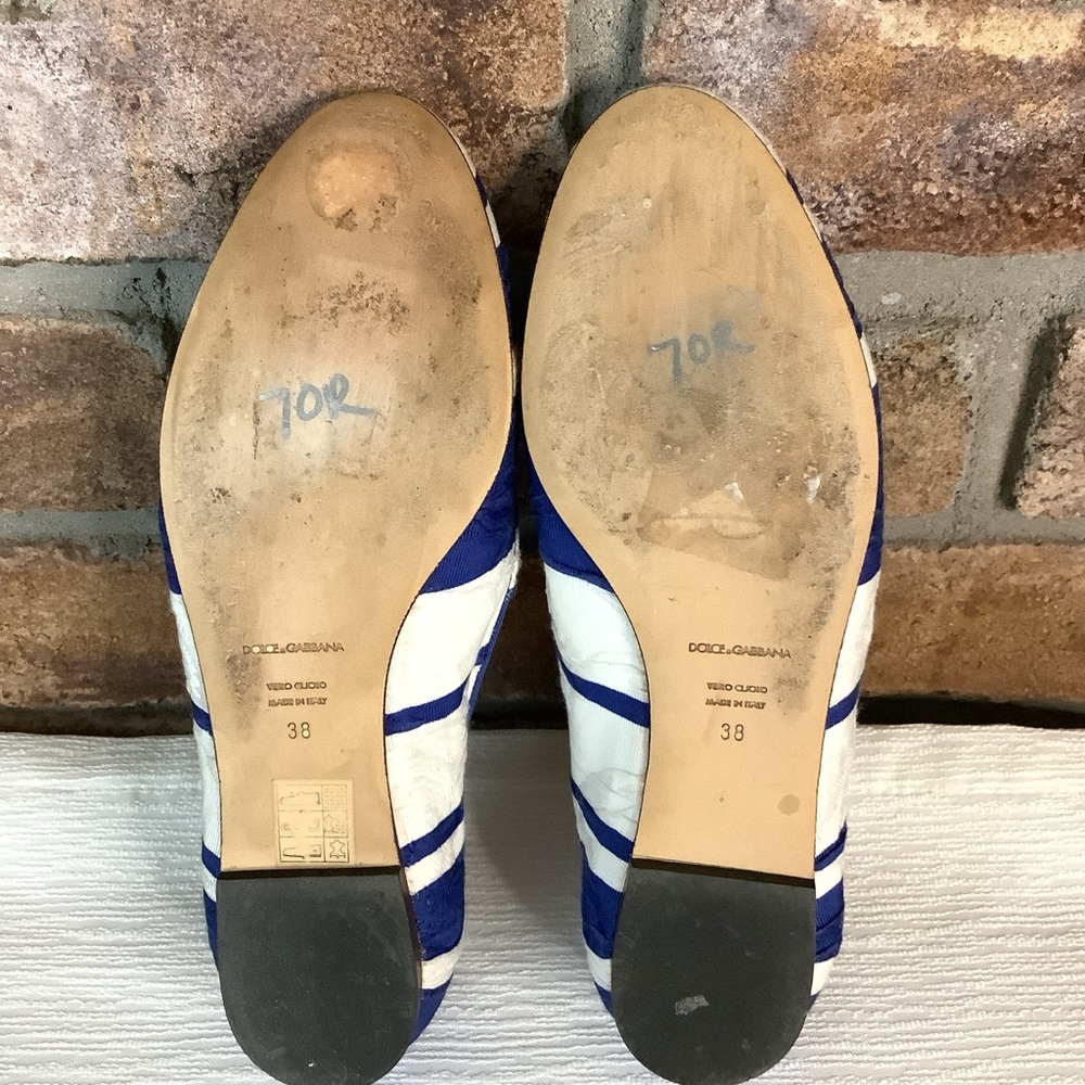 DOLCE & GABBANA Blue/White Stripe Brocade Slip-On Flats - Picture 14 of 16